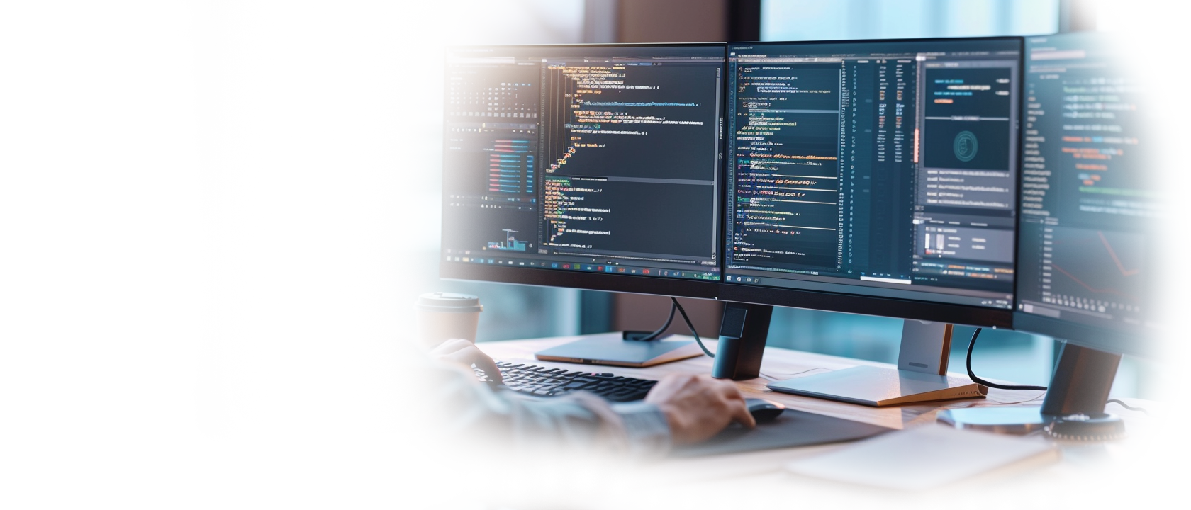 Enterprise web development workspace - professional full-stack developer coding custom solutions on dual monitors with modern IDE and syntax highlighting